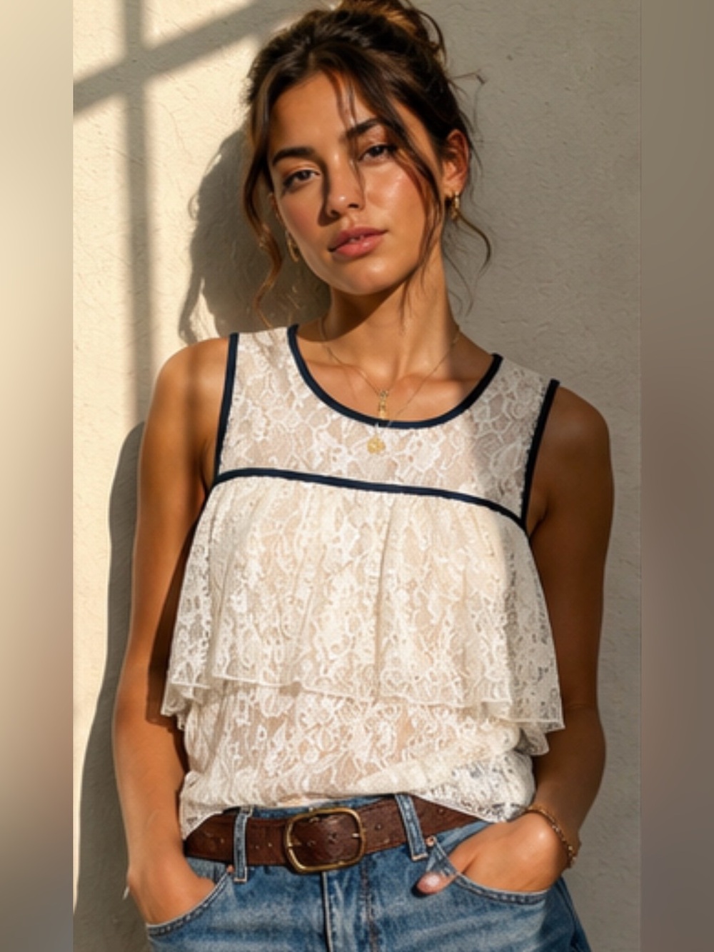 Eddie & Maddie Ivory Lace Ruffle Tank Top | NWOT